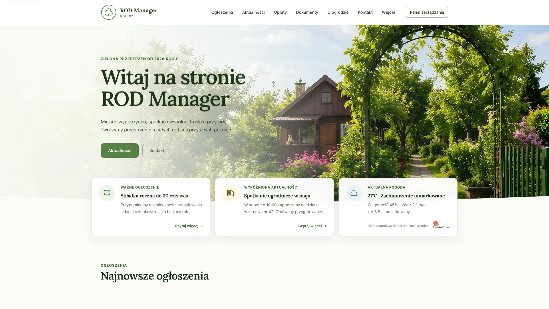 Przykładowa strona ogrodu działkowego: ogłoszenia, aktualności i ważny komunikat