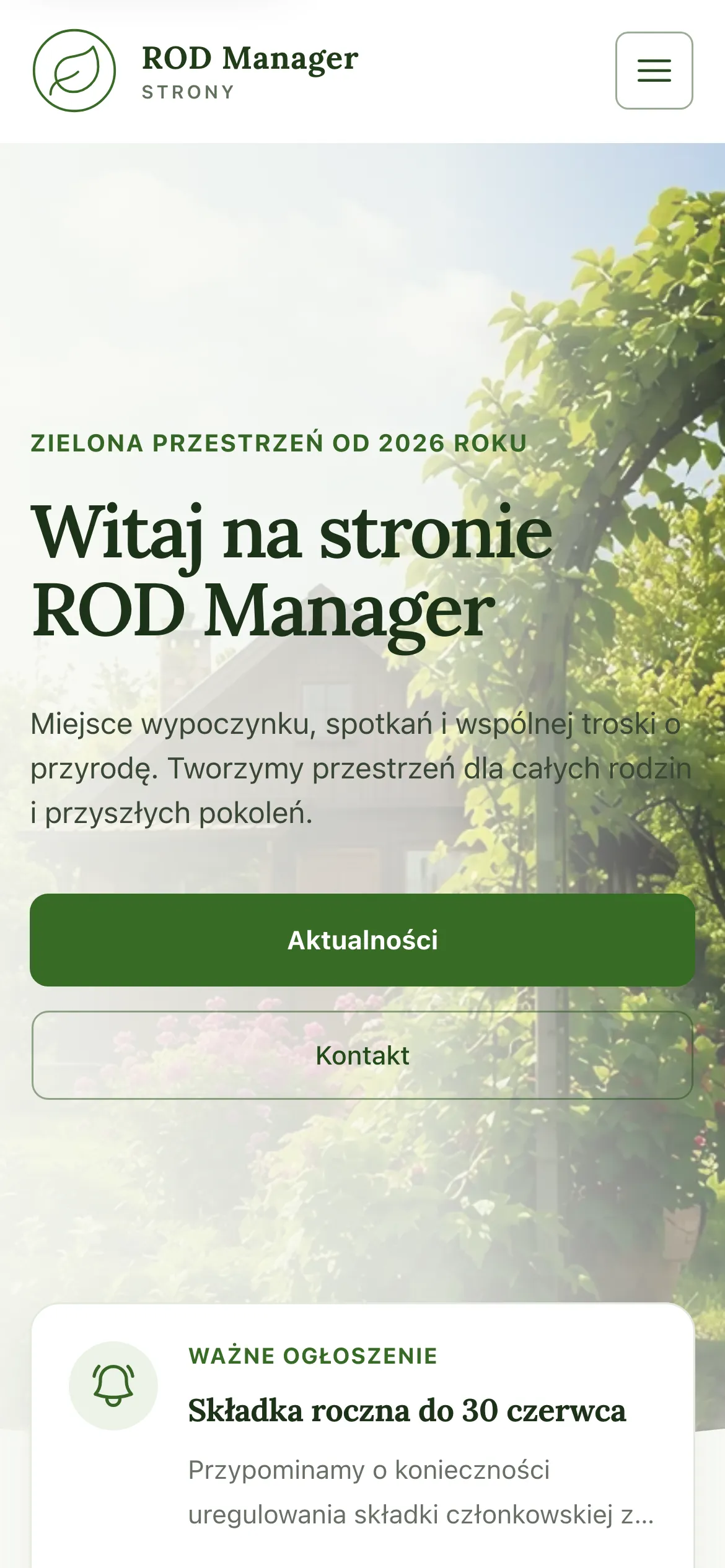 Przykładowa strona ogrodu działkowego na telefonie